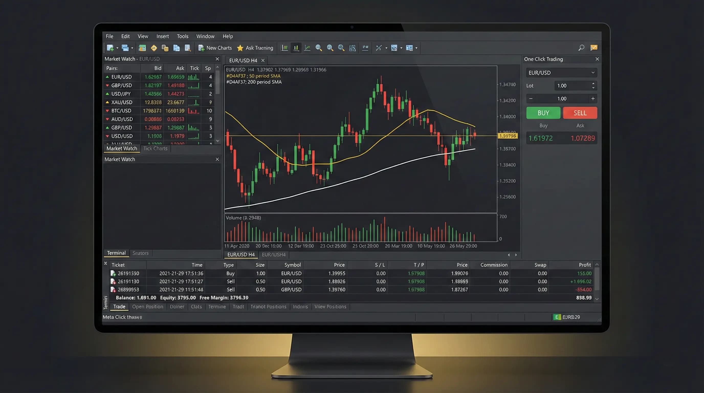 MetaTrader 5 trading platform interface showing charts, market watch, and trade panel