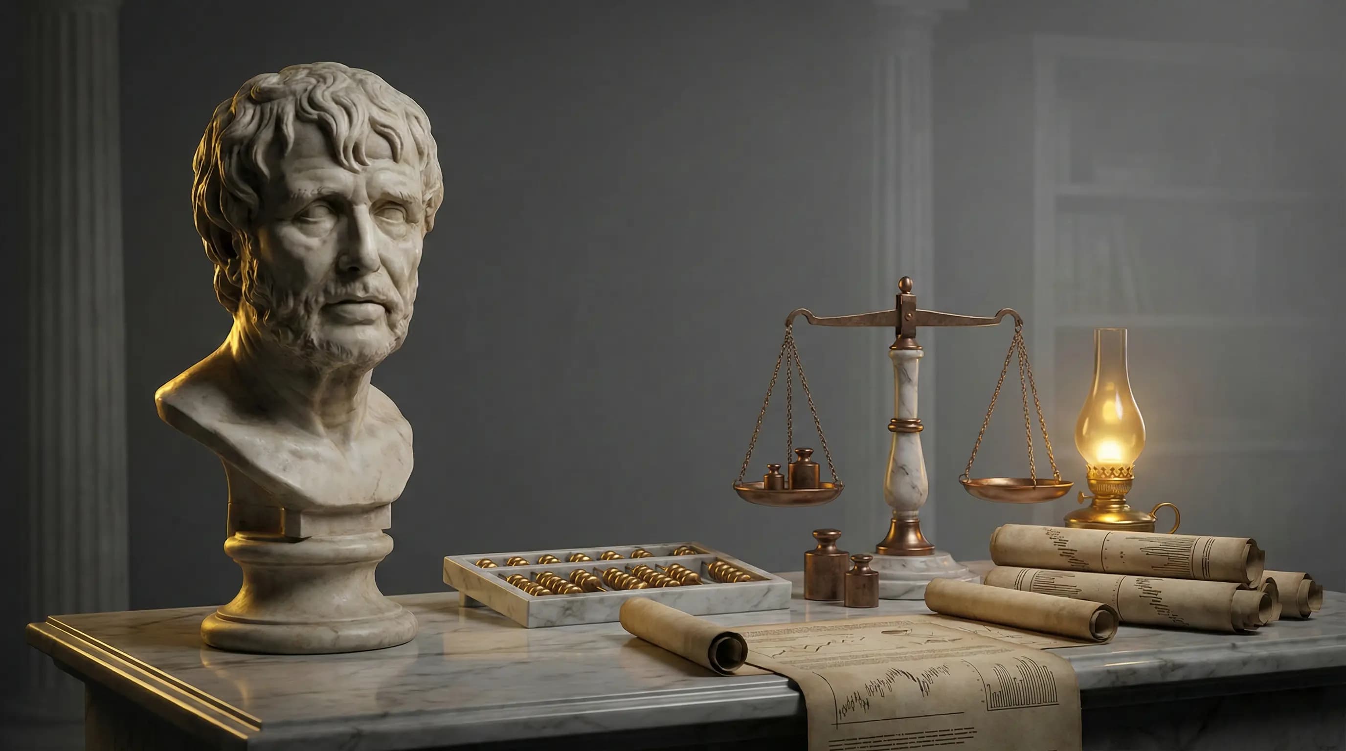 Marble bust of Seneca beside brass scales and scrolls
