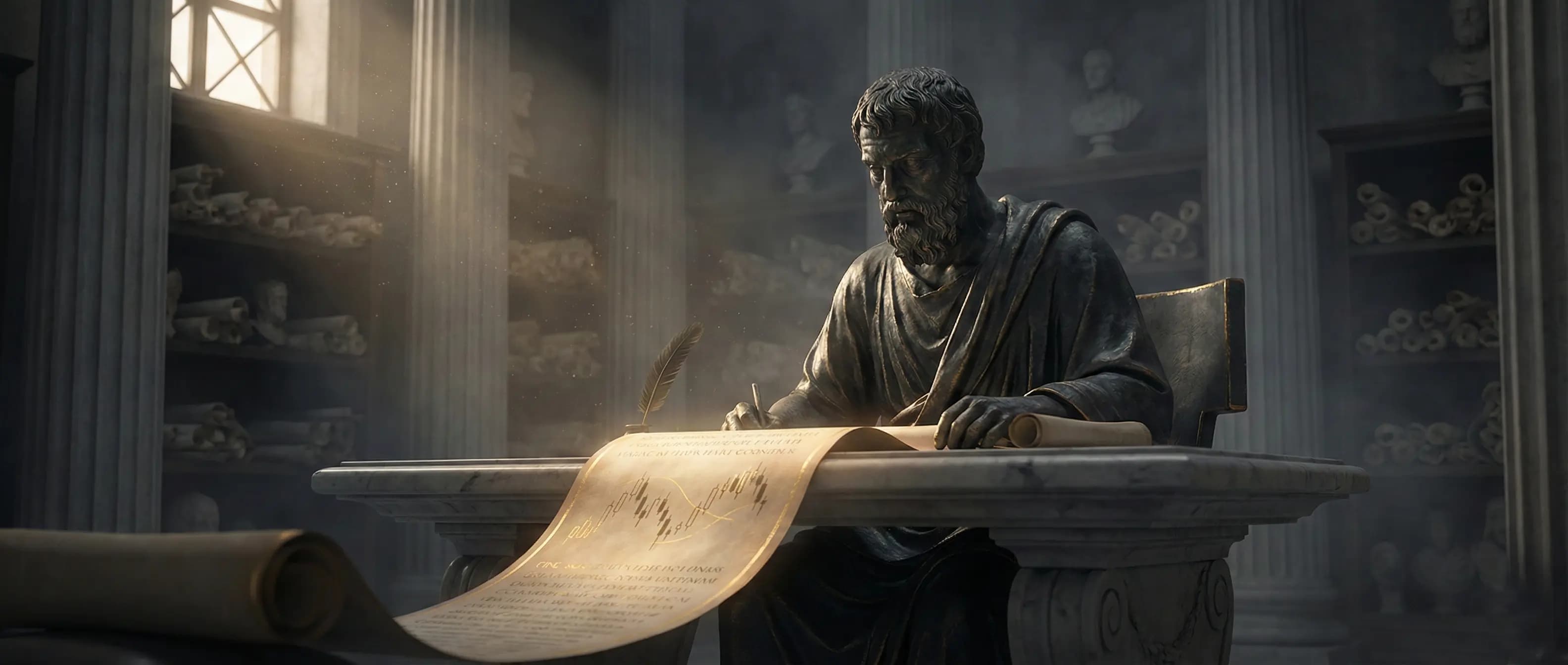 Bronze statue of a Stoic philosopher writing a trading plan at a marble desk