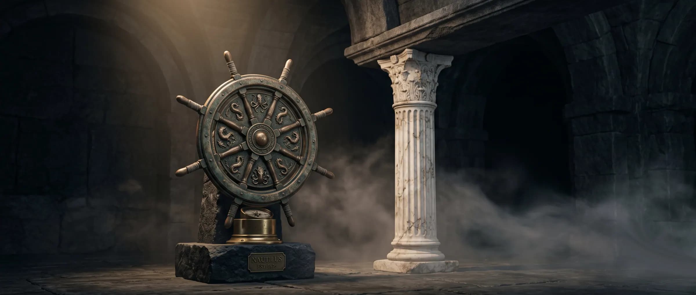 Ship's wheel mounted on a marble pedestal beside a classical column