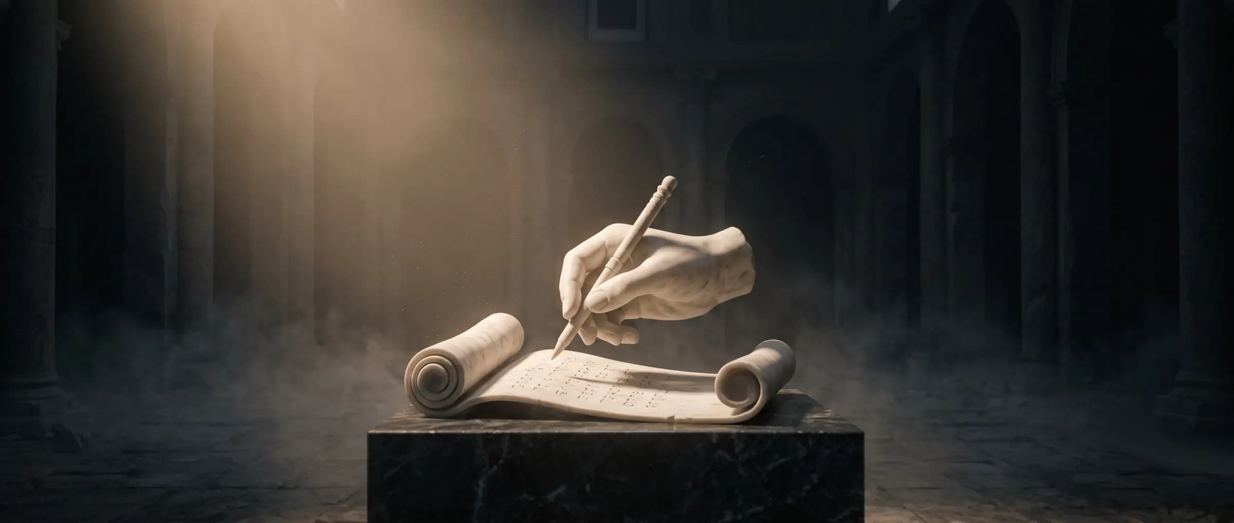 Marble hand writing on a scroll on a stone pedestal
