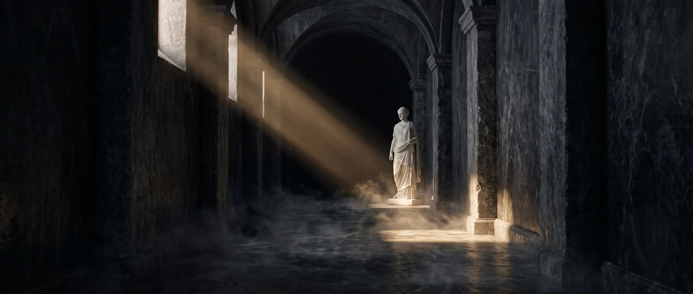 Lone robed figure standing in shafts of light through a colonnade