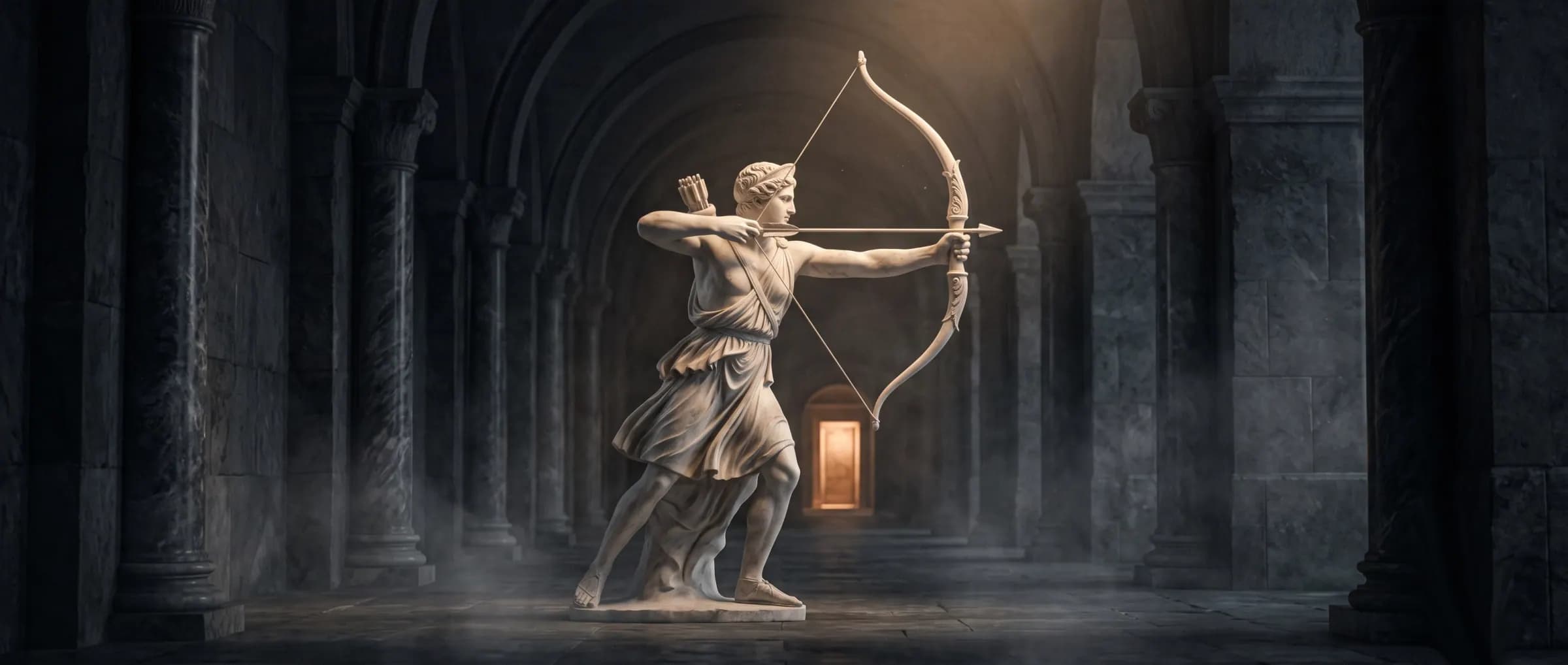 Marble archer drawing a bow toward a single lit target