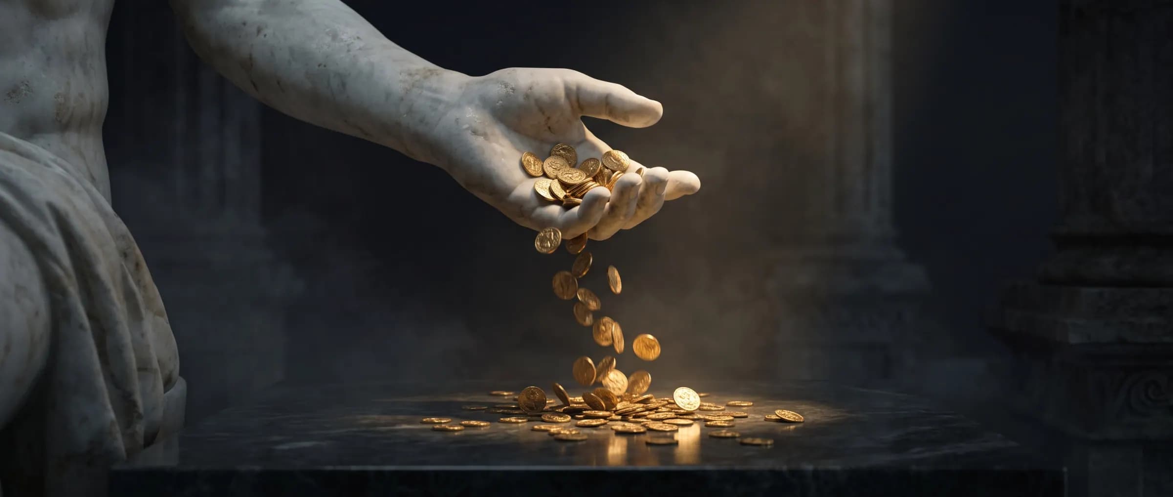 Marble hand pouring a stream of gold coins onto a stone slab