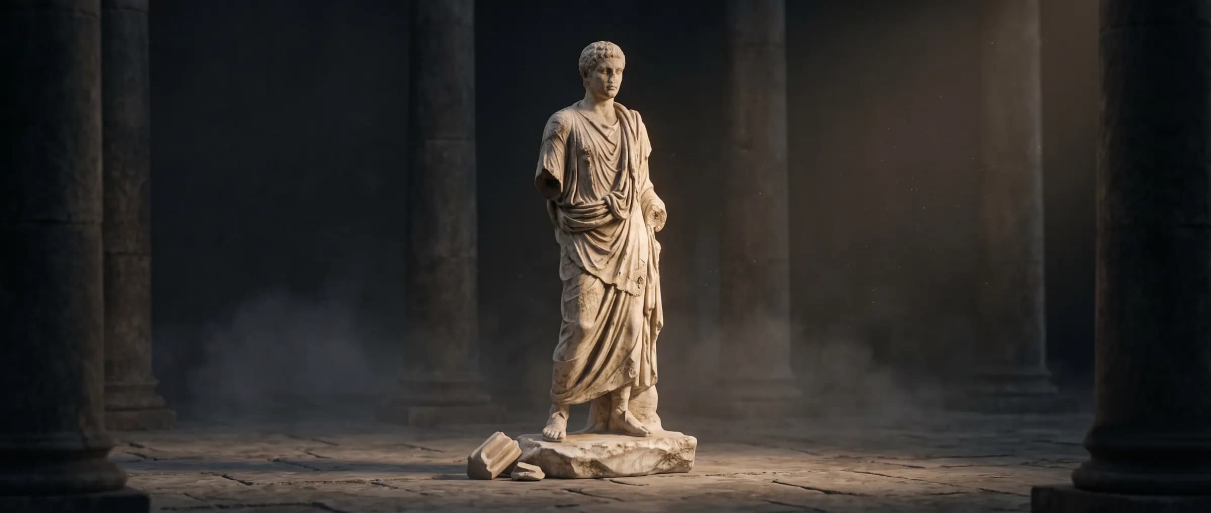 Marble figure standing over broken fragments in a colonnade