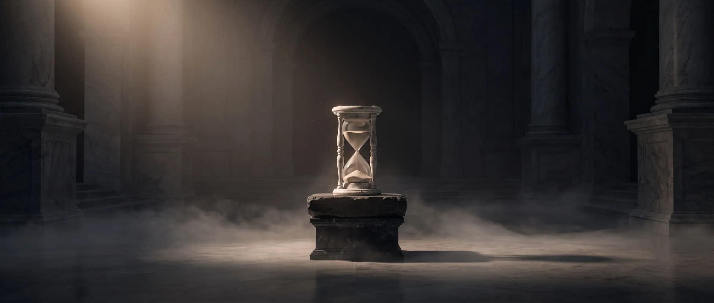 Marble hourglass on a stone pedestal in a shadowed cloister