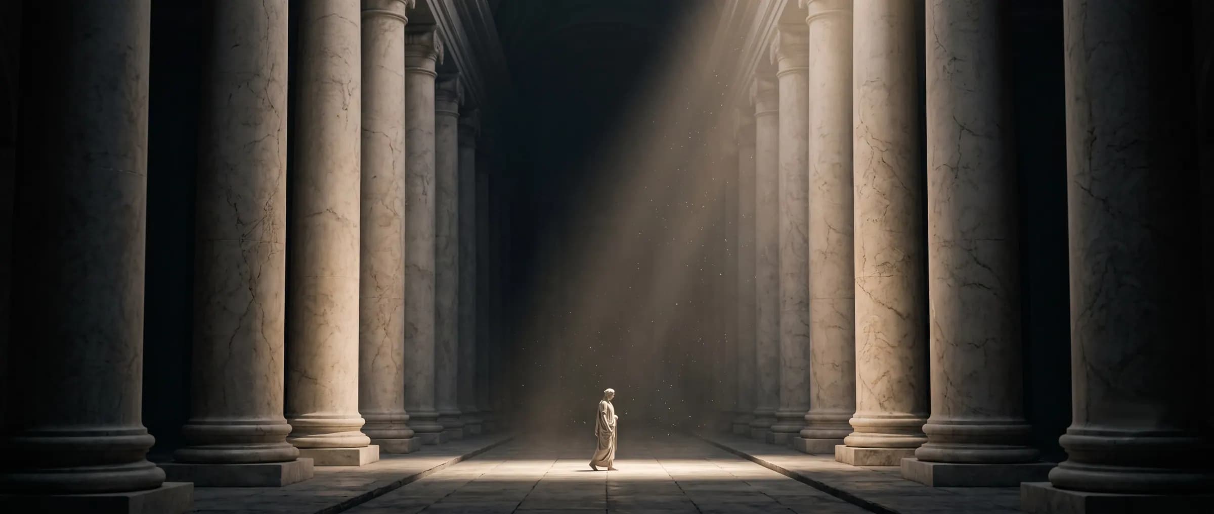 A small figure walking between two rows of immense marble columns