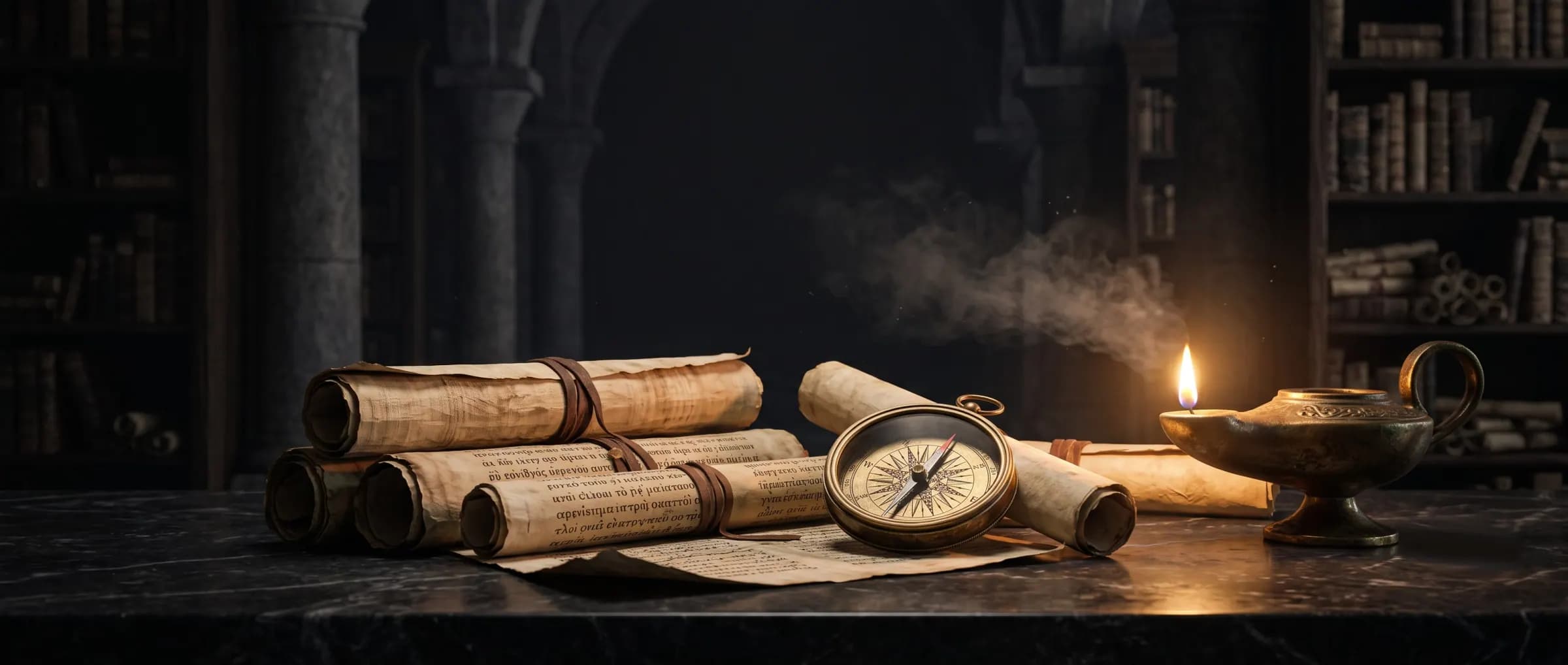 Compass, lamp, and rolled scrolls on a scholar's dark marble desk