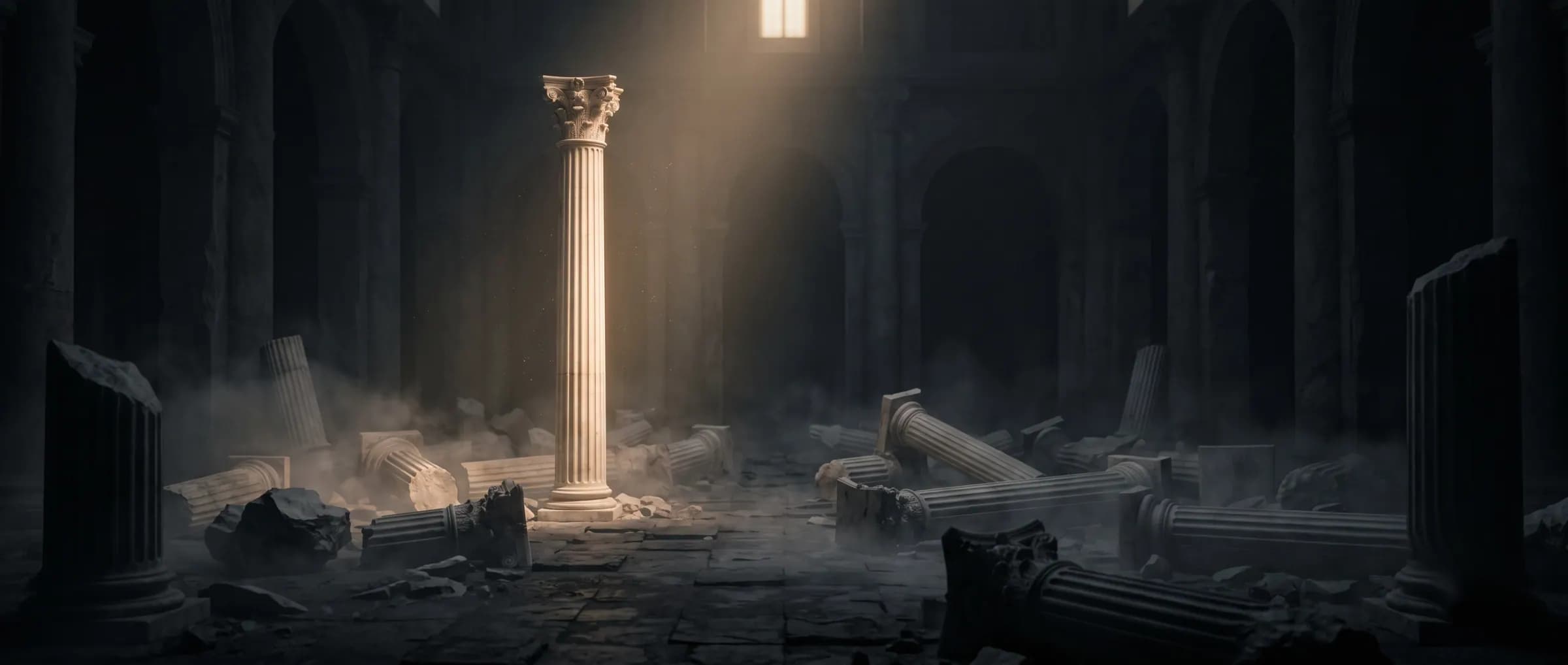 One upright marble column standing among fallen columns