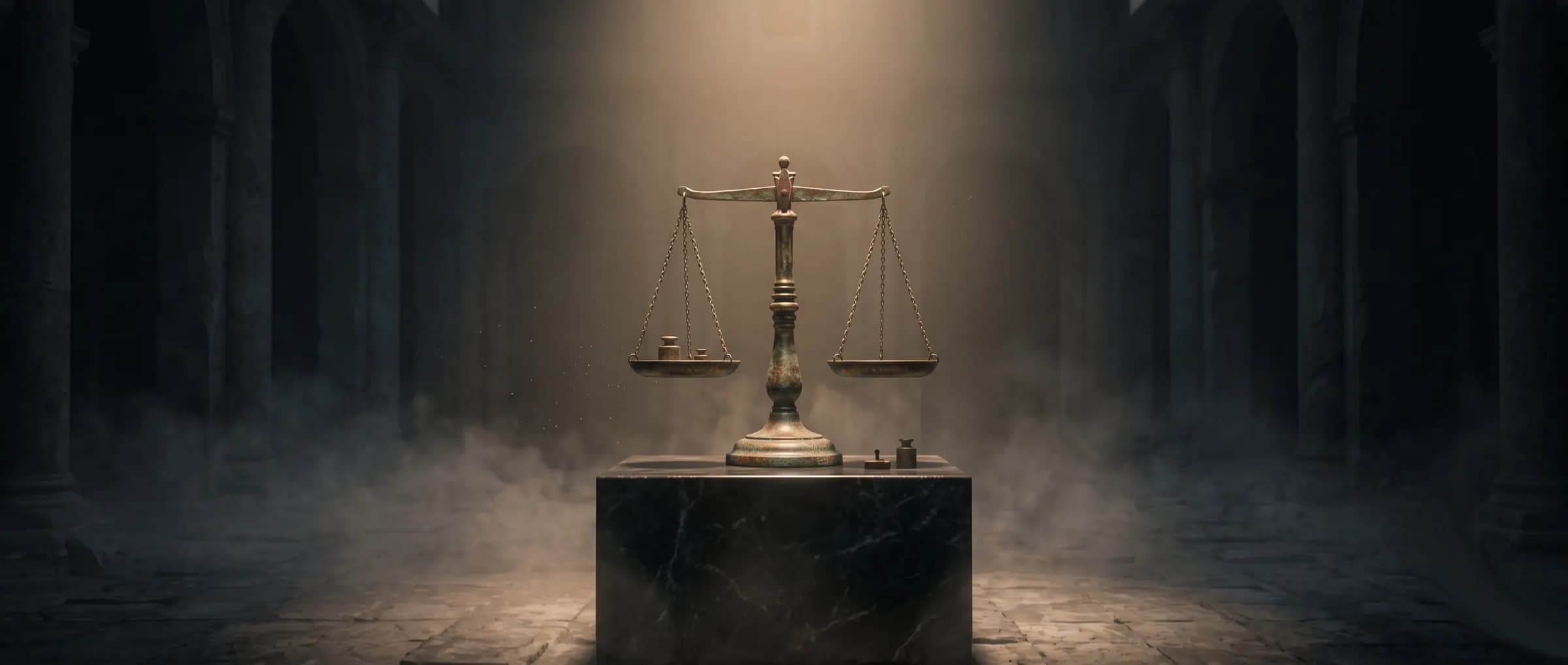 Balanced scales of justice on a marble pedestal