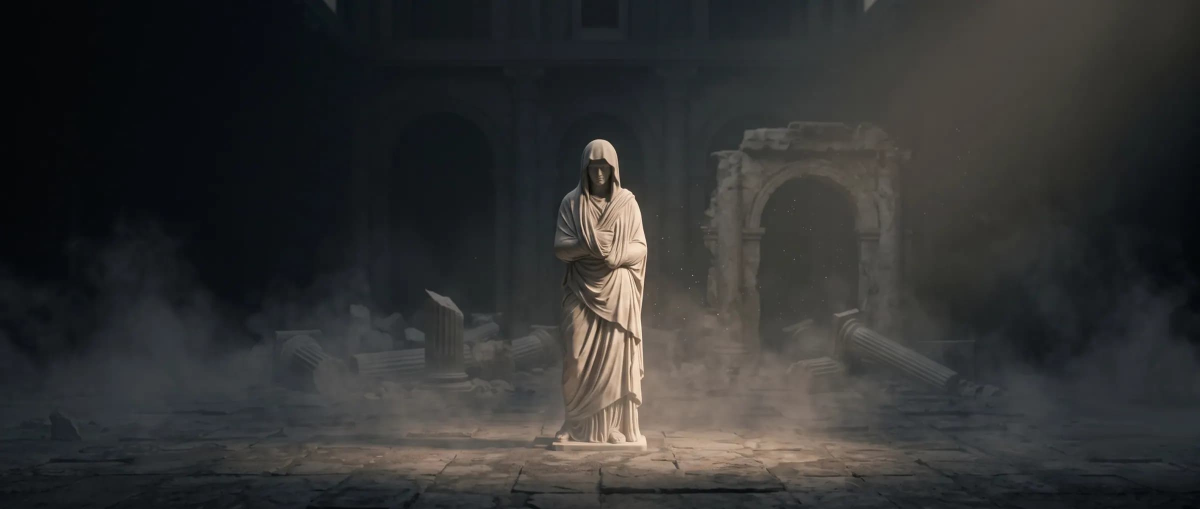 Hooded marble figure standing in mist, face obscured by drapery