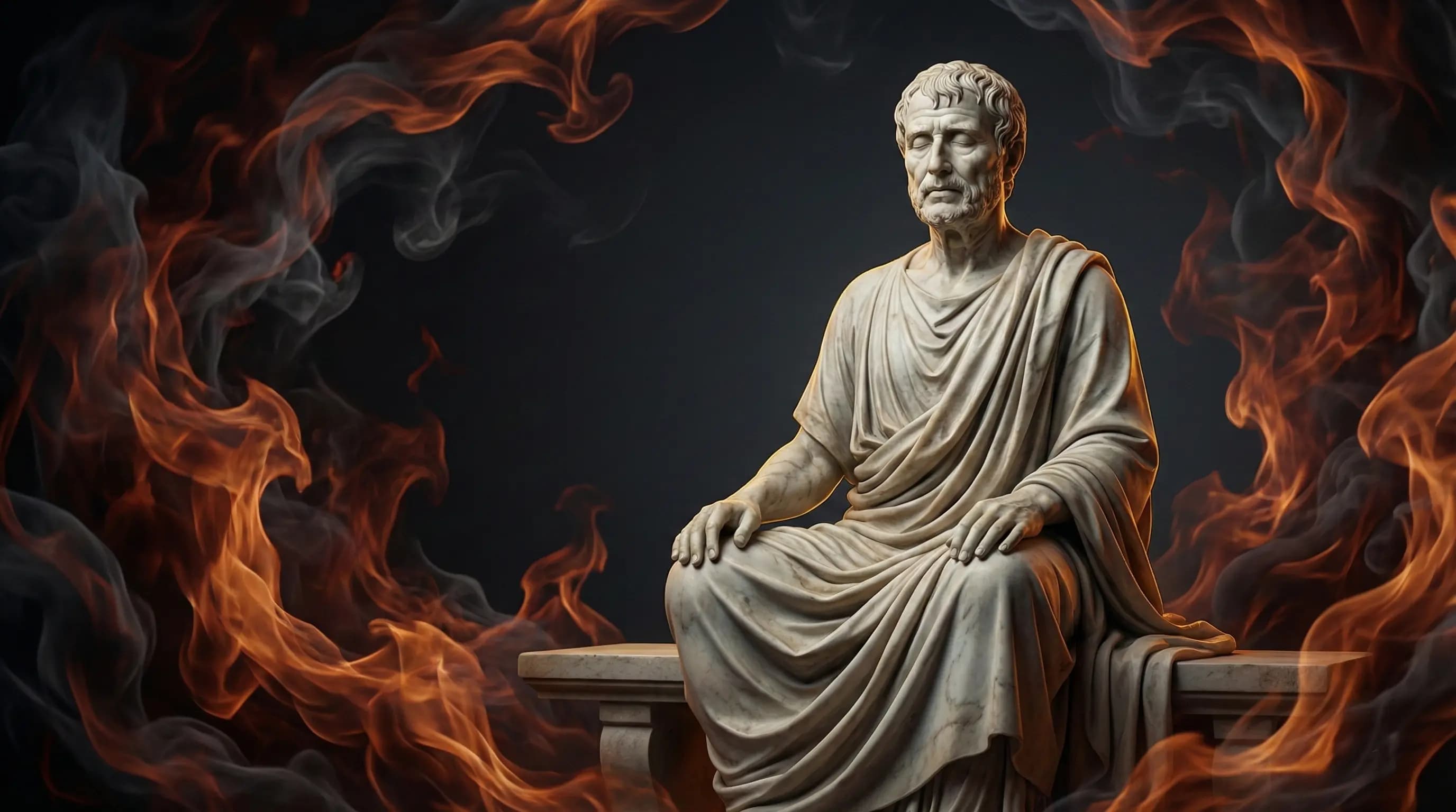 Marble statue of a seated Stoic philosopher wreathed in flames, remaining composed